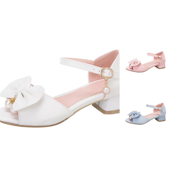 Krdevn Ankle Strap Mixed Toe Heel Dress Sandals with Bow Pearl Adjustable Buckle Wedding Party Summer Shoes (Big Girls),11.5-12 Years
