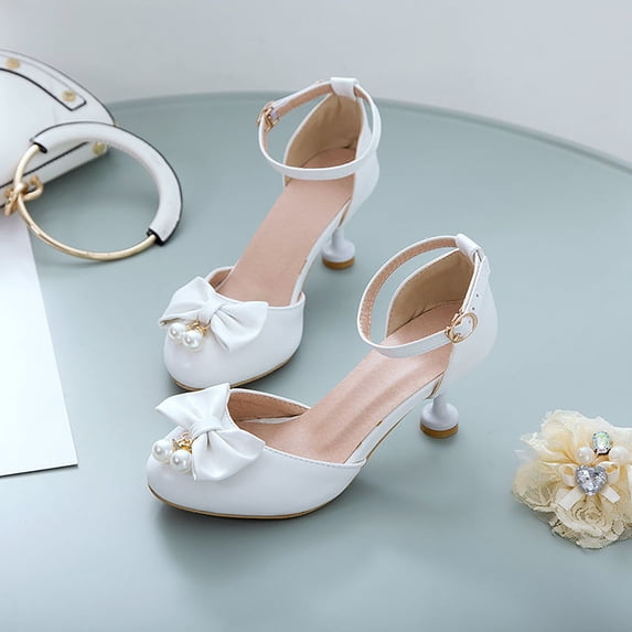 Krdevn Ankle Strap Mixed Toe Heel Dress Sandals with Bow Pearl Adjustable Buckle Wedding Party Summer Shoes (Big Girls),9.5-10 Years