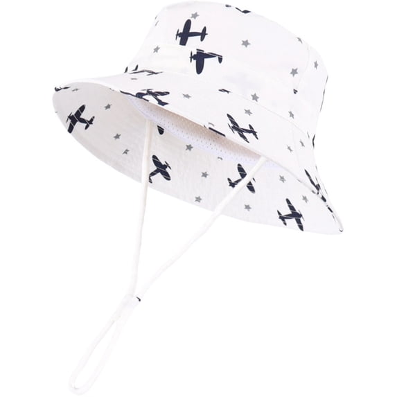 Krdevn Baby Airplane Star Print Bucket Hat UPF50+ Mesh Inner Adjustable Chin Strap Wide Brim Toddler Boys Sun Hat Size:6-12 Months