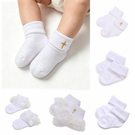 Krdevn Baby Baptism Socks Cross Embroidered Soft Breathable Ankle Socks for Holiday,0-1 Years