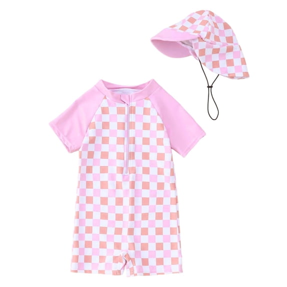 Krdevn Baby Boys' Checkerboard Rash Guard Set, Short Sleeve One-Piece Swimsuit with Matching Sun Hat, UPF 50+ UV Protection Beach & Pool Outfit,6-12 Months
