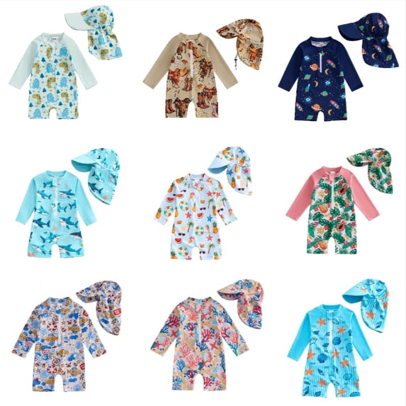 Krdevn Baby Boys Cute Dinosaur Print UPF 50+ One Piece Rash Guard Swimsuit with Matching Sun Hat Size:18-24 Months