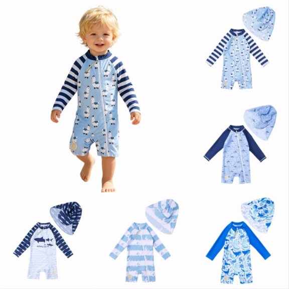 Krdevn Baby Boys Llama Print UPF 50+ One Piece Rash Guard Swimsuit with Striped Sleeves Size:3-6 Months