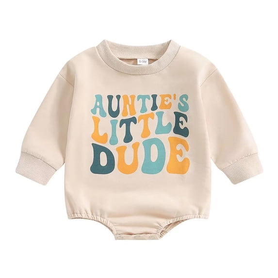 Krdevn Baby Boys Long Sleeve Bodysuit Auntie's Little Dude Colorful Retro Letter Print Soft Newborn Romper,0-3 Months