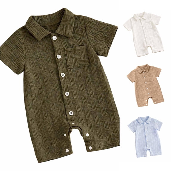 Krdevn Baby Boys Textured Terry Romper Lapel Collar Short Sleeve Button Up Summer Outfit,12-18 Months