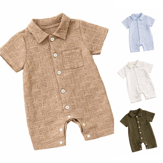 Krdevn Baby Boys Textured Terry Romper Lapel Collar Short Sleeve Button Up Summer Outfit,3-6 Months