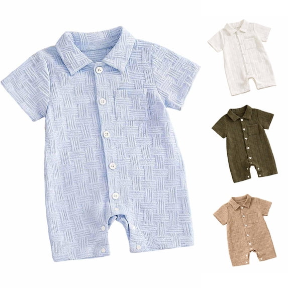 Krdevn Baby Boys Textured Terry Romper Lapel Collar Short Sleeve Button Up Summer Outfit,6-12 Months