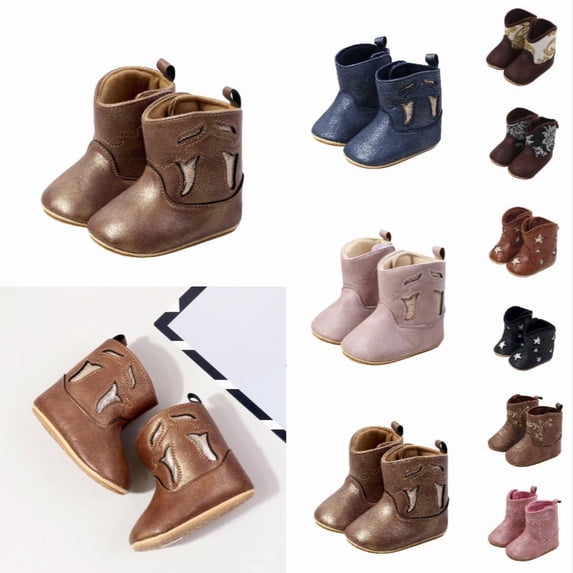 Krdevn Baby Cowboy Boots, Western Boots Soft Sole Non-Slip Crib Shoes for Infant Boys Girls,Brown
