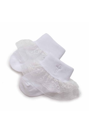 Baby Crew Socks Cross Embroidery Lace Ruffle Soft Stretch Knit Breathable Decorative Ankle Socks for Ceremony Daily Occasions