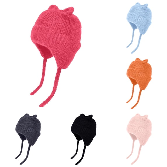 Krdevn Baby Fuzzy Knit Earflap Hat Cute 3D Cat Ears Soft Plush Warm Winter Hat with Chin Straps Windproof Stretchy Beanie Cap for Toddler Boys Girls Daily Outdoor Wear