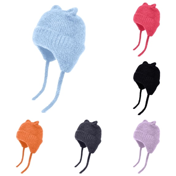 Krdevn Baby Fuzzy Knit Earflap Hat Cute 3D Cat Ears Soft Plush Warm Winter Hat with Chin Straps Windproof Stretchy Beanie Cap for Toddler Boys Girls Daily Outdoor Wear