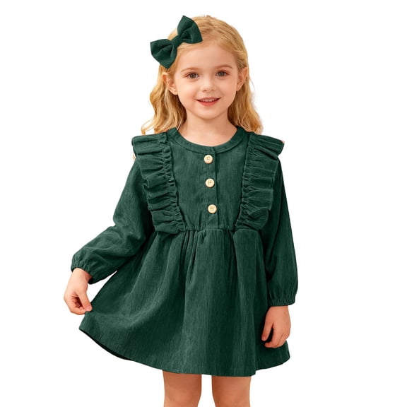 Krdevn Baby Girls Corduroy Dress Set with Headband Long Sleeve Ruffled Snap Buttons Party Outfit,4-5 Years