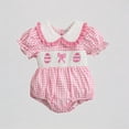 thumbnail image 1 of Krdevn Baby Girls Easter Egg Embroidery Romper Short Sleeve Gingham Flutter Collar Smocked Bodysuit,0-3 Months, 1 of 7
