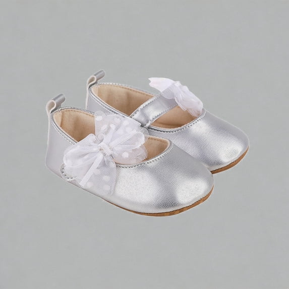 Krdevn Baby Girls' Mary Jane Flats Soft Sole Lightweight Breathable Casual First Walking Shoes with Polka Dot Tulle Bow for Toddlers,Sizes 4