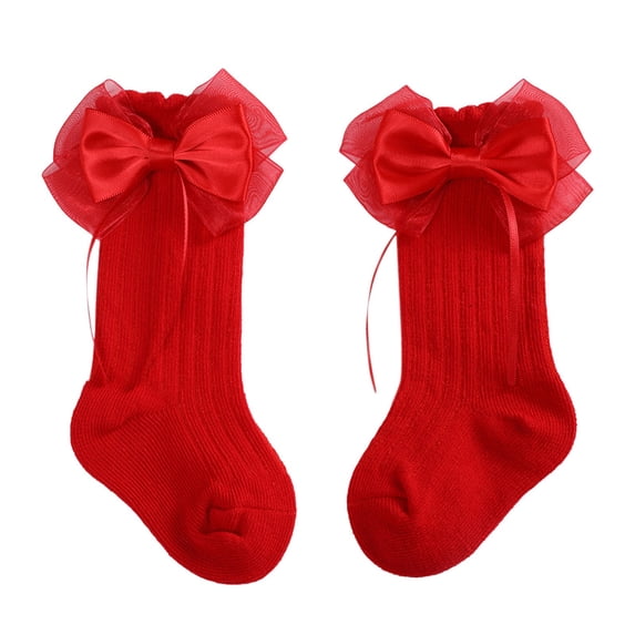 Krdevn Baby Girls Mesh Bow Knee High Socks Soft Ribbed Princess Mid Calf Socks for Infant Toddler Kids