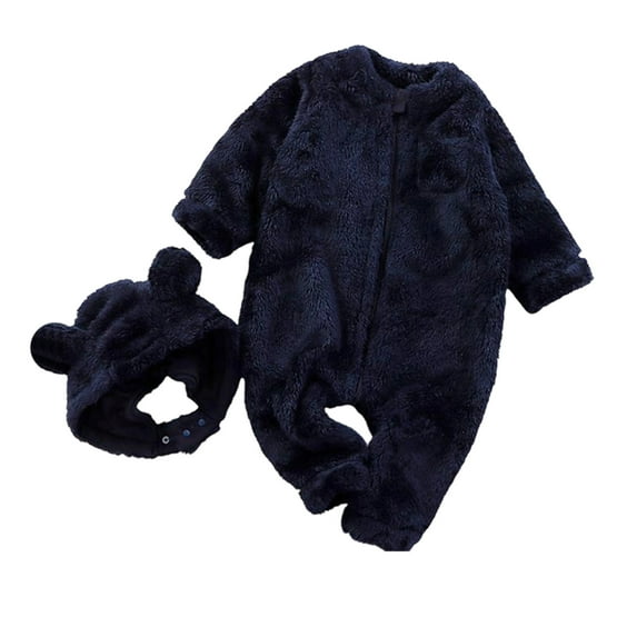 Krdevn Baby Girls Romper Jumpsuit Warm Outfit with Hat Soft Cozy 2 Piece Set Winter Toddler Clothes,Color:Dark Blue,Size:0-3 Months