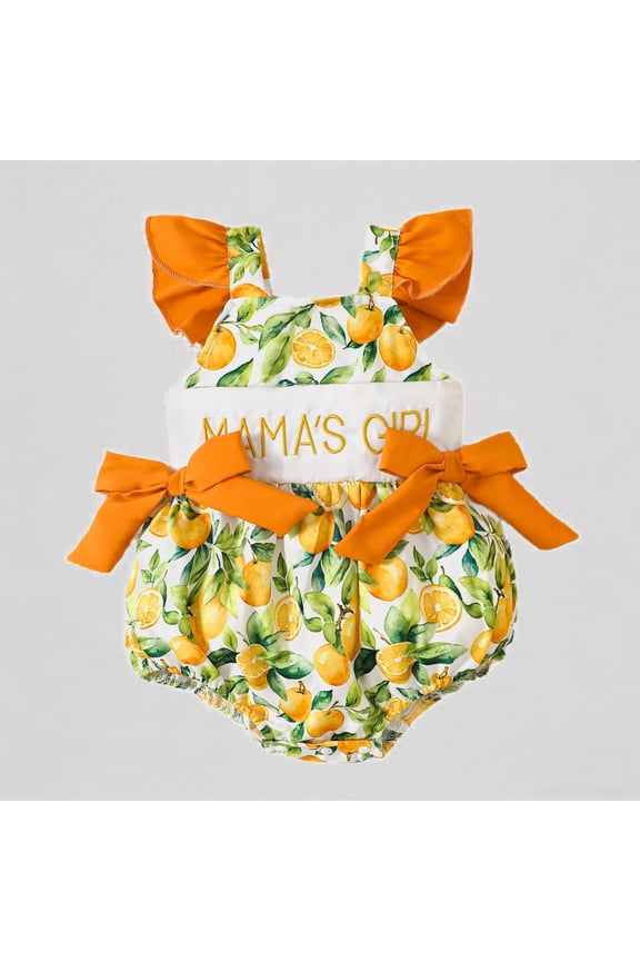 Baby Girls Romper Lemon Print Ruffle Flutter Sleeve "MAMA'S GIRL" Embroidered Double Orange Bow Summer Bodysuit Outfit,0-3 Months