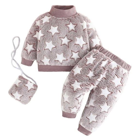 Krdevn Baby Girls Winter Outfits Soft Star Print Top Pants and Bag 3 Piece Set for Toddler Cute Warm Outfit,Kids Outfit,9-12 Months