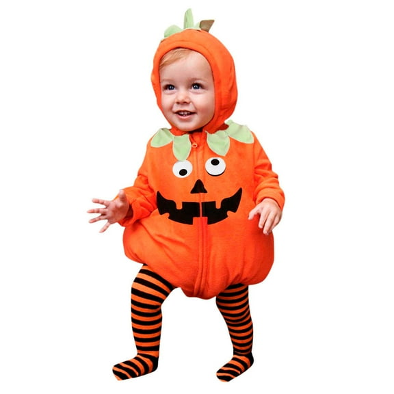 Krdevn Baby Halloween Clothing Set - Pumpkin Hooded Romper & Striped Pants, Soft Bodysuit Outfit for Boys Girls, Dress Up Play,Color:Orange Size:6-9 Months
