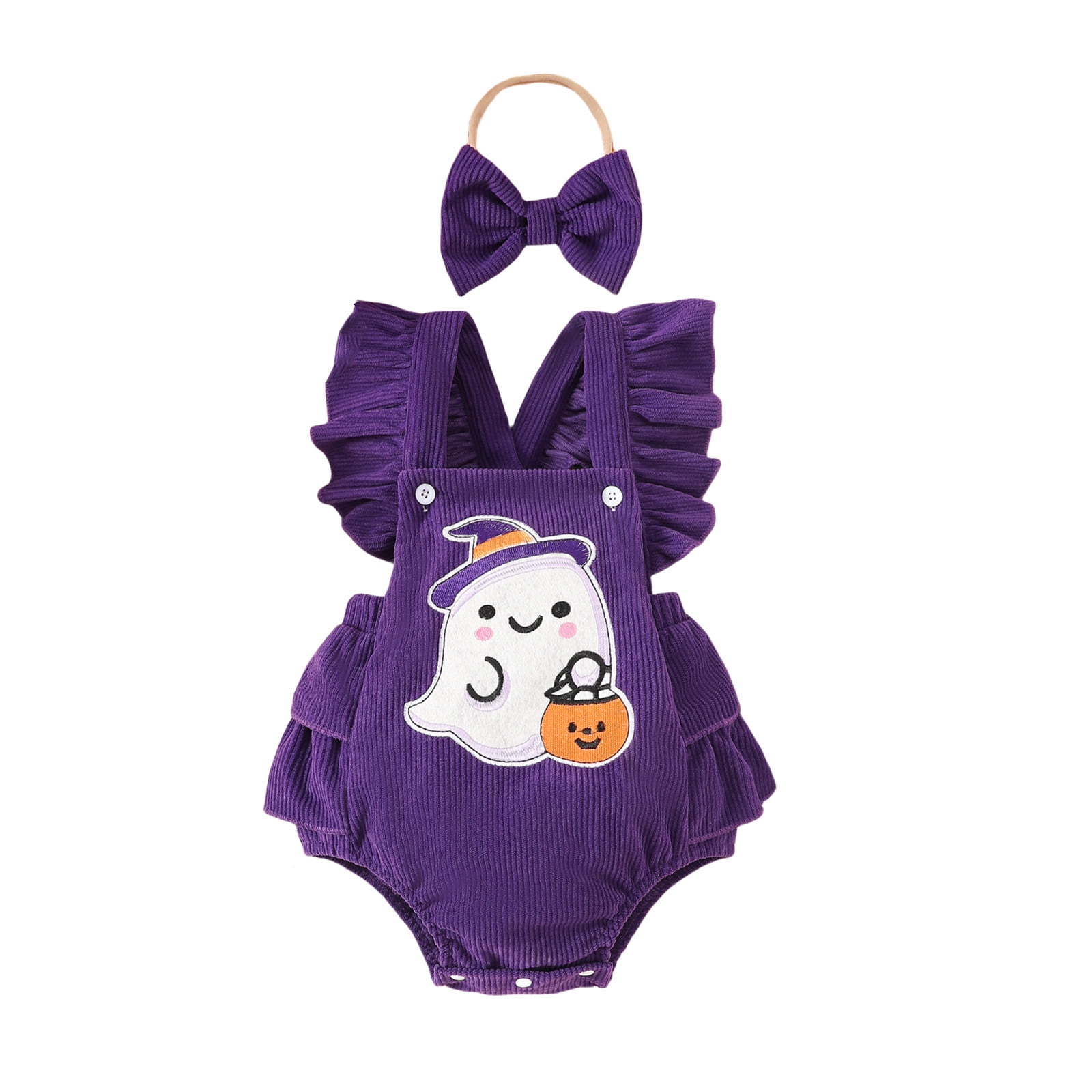 Baby Halloween Romper Set - Cute Ghost Backless Outfit with Fly Sleeves & Headband,Color:Purple Size:0-3 Months