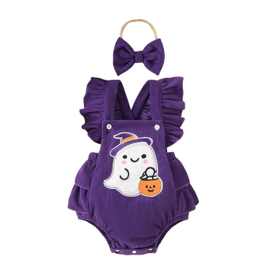 Krdevn Baby Halloween Romper Set - Cute Ghost Backless Outfit with Fly Sleeves & Headband,Color:Purple Size:0-3 Months