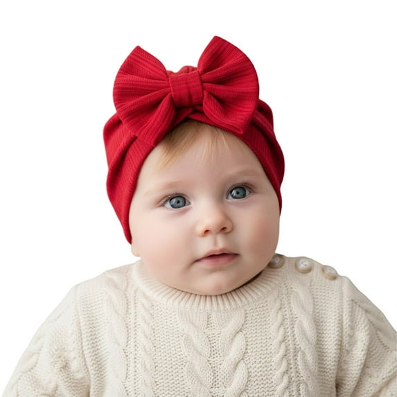 Krdevn Baby Hat with Soft Bow Cute Waffle Stripe Toddler Warm Winter Knit Beanie for Girl Boy,0-24 Months