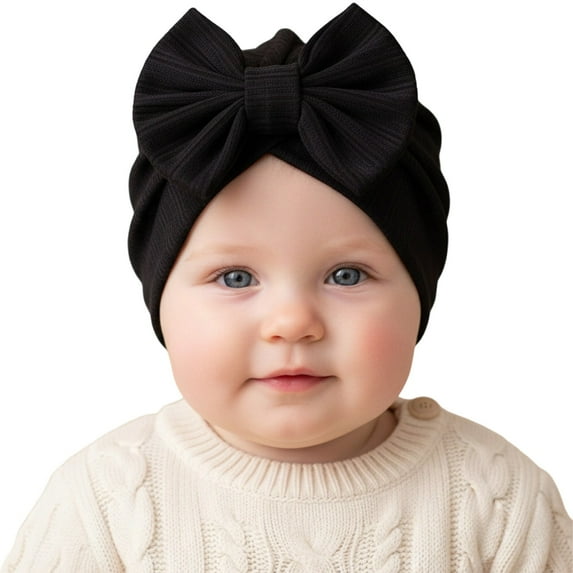 Krdevn Baby Hat with Soft Bow Cute Waffle Stripe Toddler Warm Winter Knit Beanie for Girl Boy,0-24 Months