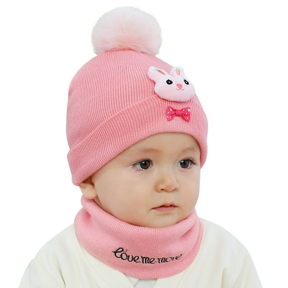 Krdevn Baby Kids Boy Girl Pompom Hat Winter Warm Knit Cartoon Cap Scarf Set