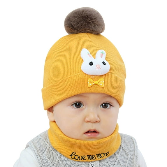 Krdevn Baby Kids Boy Girl Pompom Hat Winter Warm Knit Cartoon Cap Scarf Set