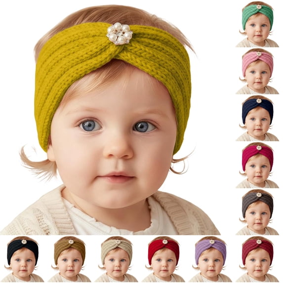 Krdevn Baby Knitted Twist Headband Pearl Rhinestone Decor Soft Stretch Yarn Ear Warmer Wide Elastic Head Wrap Cozy Warm Hair Accessories for Cold Weather