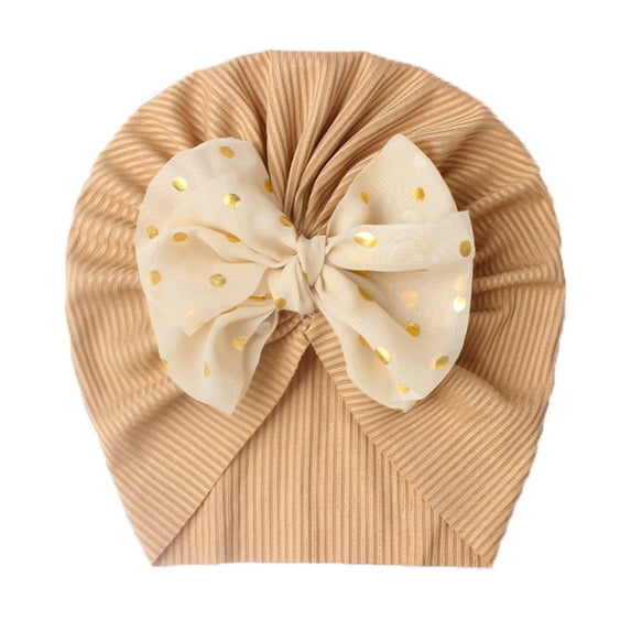 Krdevn Baby Ribbed Turban Hat Gold Polka Dot Bow Soft Stretch Lightweight Cap for and Toddlers