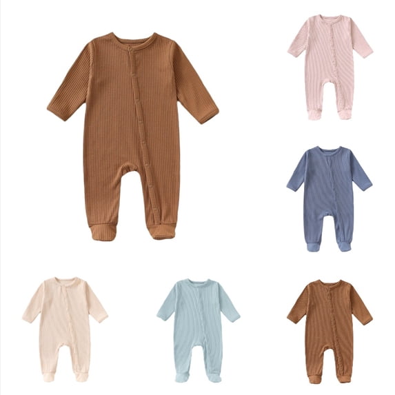 Krdevn Baby Snap Footed Jumpsuit, Long Sleeve Solid Romper, Soft Warm Crawling Outfit for Fall Winter,Brown