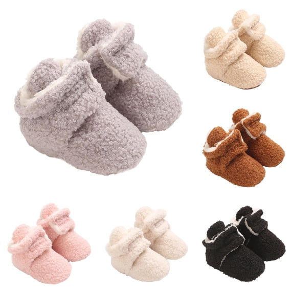 Krdevn Baby Solid Color Fuzzy Booties Soft, Non Slip Infant Warm Cotton Shoes for Newborn Boys Girls,Grey