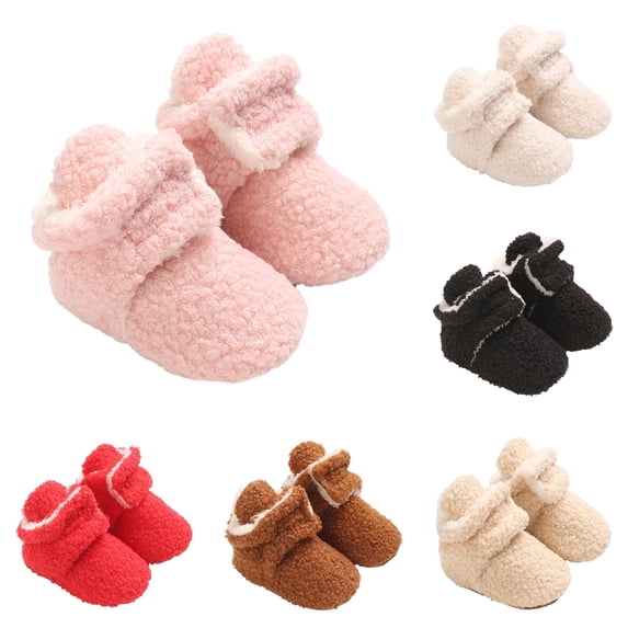 Krdevn Baby Solid Color Fuzzy Booties Soft, Non Slip Infant Warm Cotton Shoes for Newborn Boys Girls,Pink