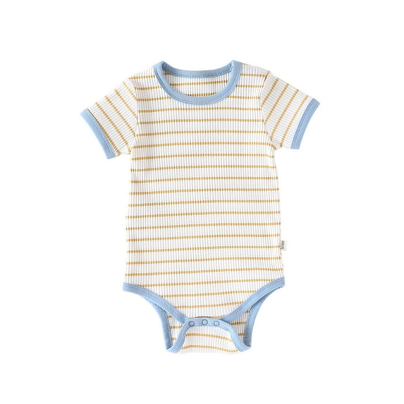 Krdevn Baby Striped Bodysuit, Ribbed Knit Short Sleeve Romper with Contrast Trim, Soft Comfortable Summer Playwear for Boys & Girls,12-18 Months