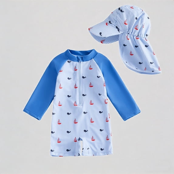 Krdevn Baby Unisex One Piece Rash Guard Swimsuit With Sun Hat Fish Print Raglan Sleeve Half Zip UPF 50+ Summer Beach Pool Swimwear,18-24 Months