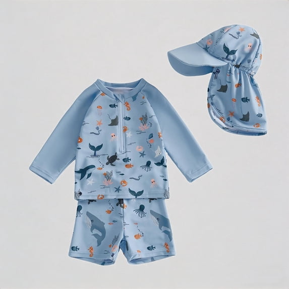 Krdevn Baby Unisex Three Piece Rash Guard Swimsuit Set Under the Sea Print Raglan Sleeve Half Zip Trunks Sun Hat UPF 50+ Summer Beach Pool Swimwear,12-18 Months