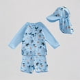 thumbnail image 1 of Krdevn Baby Unisex Three Piece Rash Guard Swimsuit Set Under the Sea Print Raglan Sleeve Half Zip Trunks Sun Hat UPF 50+ Summer Beach Pool Swimwear,12-18 Months, 1 of 7