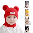 thumbnail image 1 of Krdevn Baby Winter Knit Balaclava Hat Double Pom Pom Bear Ears Cute Bear Label Lined Windproof Integrated Neck Hood Hat for Toddler Boys Girls Cold Weather, 1 of 4