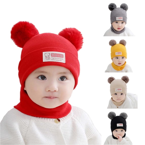 Krdevn Baby Winter Knit Balaclava Hat Double Pom Pom Bear Ears Cute Bear Label Lined Windproof Integrated Neck Hood Hat for Toddler Boys Girls Cold Weather