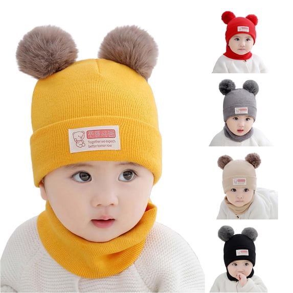 Krdevn Baby Winter Knit Balaclava Hat Double Pom Pom Bear Ears Cute Bear Label Lined Windproof Integrated Neck Hood Hat for Toddler Boys Girls Cold Weather