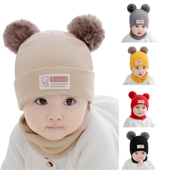 Krdevn Baby Winter Knit Balaclava Hat Double Pom Pom Bear Ears Cute Bear Label Lined Windproof Integrated Neck Hood Hat for Toddler Boys Girls Cold Weather