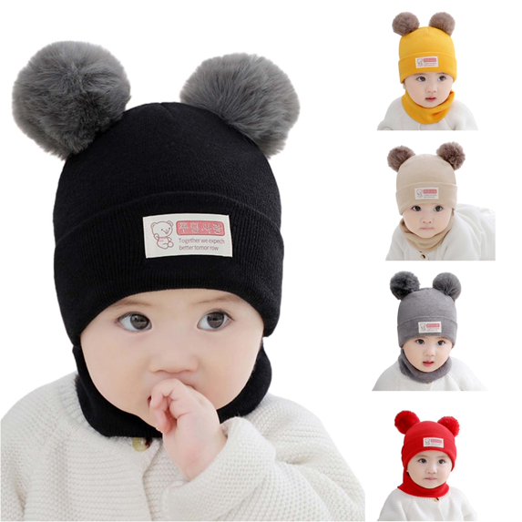 Krdevn Baby Winter Knit Balaclava Hat Double Pom Pom Bear Ears Cute Bear Label Lined Windproof Integrated Neck Hood Hat for Toddler Boys Girls Cold Weather