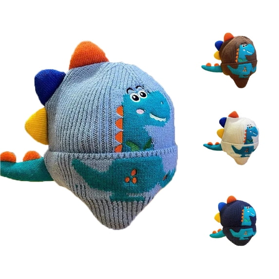 Krdevn Baby Winter Knit Earflap Hat 3D Cartoon Dinosaur Full Jacquard Plush Spine Tail Lined Windproof Thick Warm Hat for Toddler Boys Girls Outdoor Cold Weather