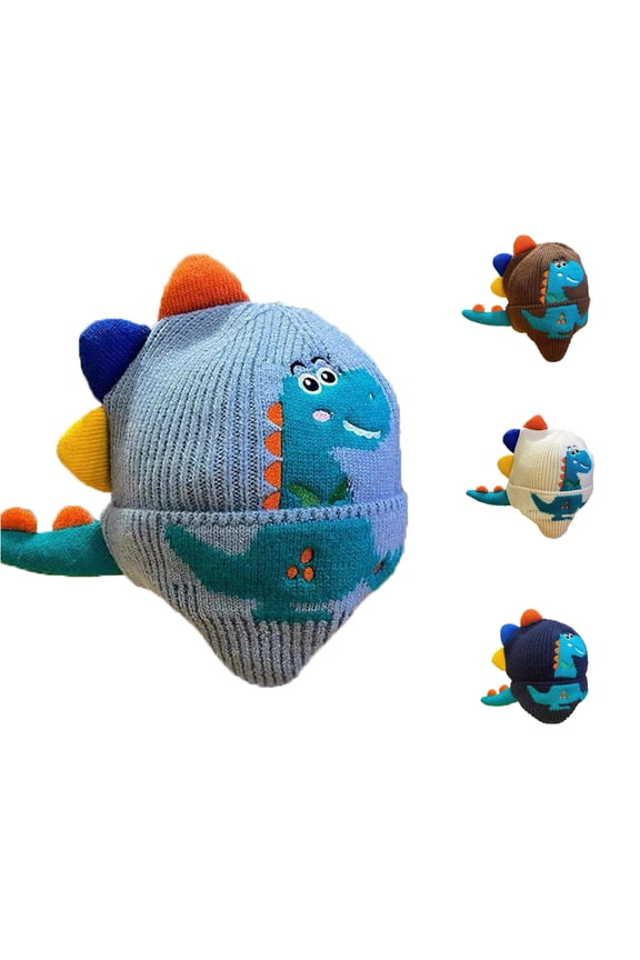 Krdevn Baby Winter Knit Earflap Hat 3D Cartoon Dinosaur Full Jacquard Plush Spine Tail Lined Windproof Thick Warm Hat for Toddler Boys Girls Outdoor Cold Weather