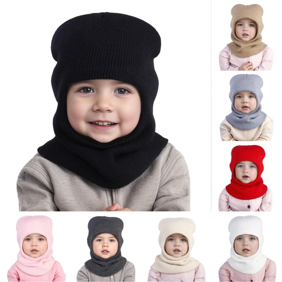Krdevn Baby Winter Knit Hooded Balaclava Hat Scarf Combo Cute Bear Ear Soft Warm Stretchy Unisex Headwear for Toddler Boys Girls