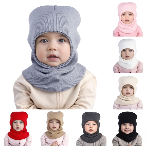 Krdevn Baby Winter Knit Hooded Balaclava Hat Scarf Combo Cute Bear Ear Soft Warm Stretchy Unisex Headwear for Toddler Boys Girls