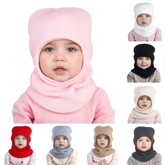 Krdevn Baby Winter Knit Hooded Balaclava Hat Scarf Combo Cute Bear Ear Soft Warm Stretchy Unisex Headwear for Toddler Boys Girls