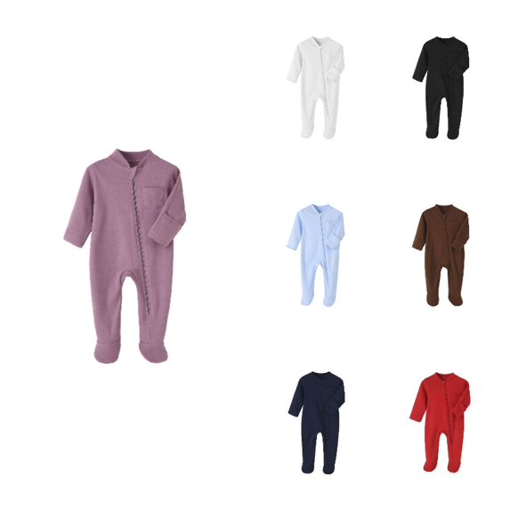 Krdevn Baby Zip Up Footed Jumpsuit, Long Sleeve Solid Pocket Romper, Soft Warm Infant Crawling Outfit for Fall Winter,Purple