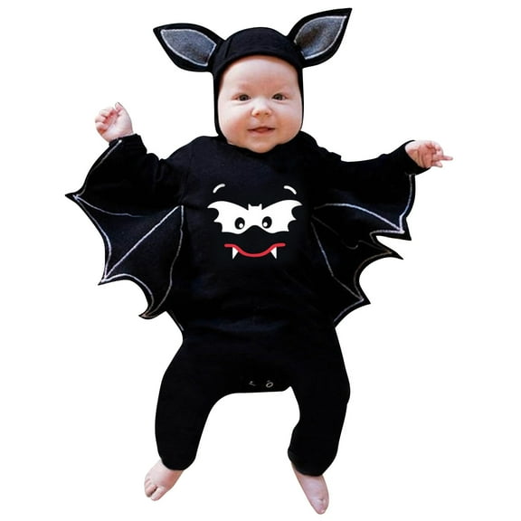 Krdevn Baby's 1st. Halloween Outfit - Bat Print Hoodie Romper, Soft Role Play Jumpsuit for Kids,Color:Black Size:12-18 Months